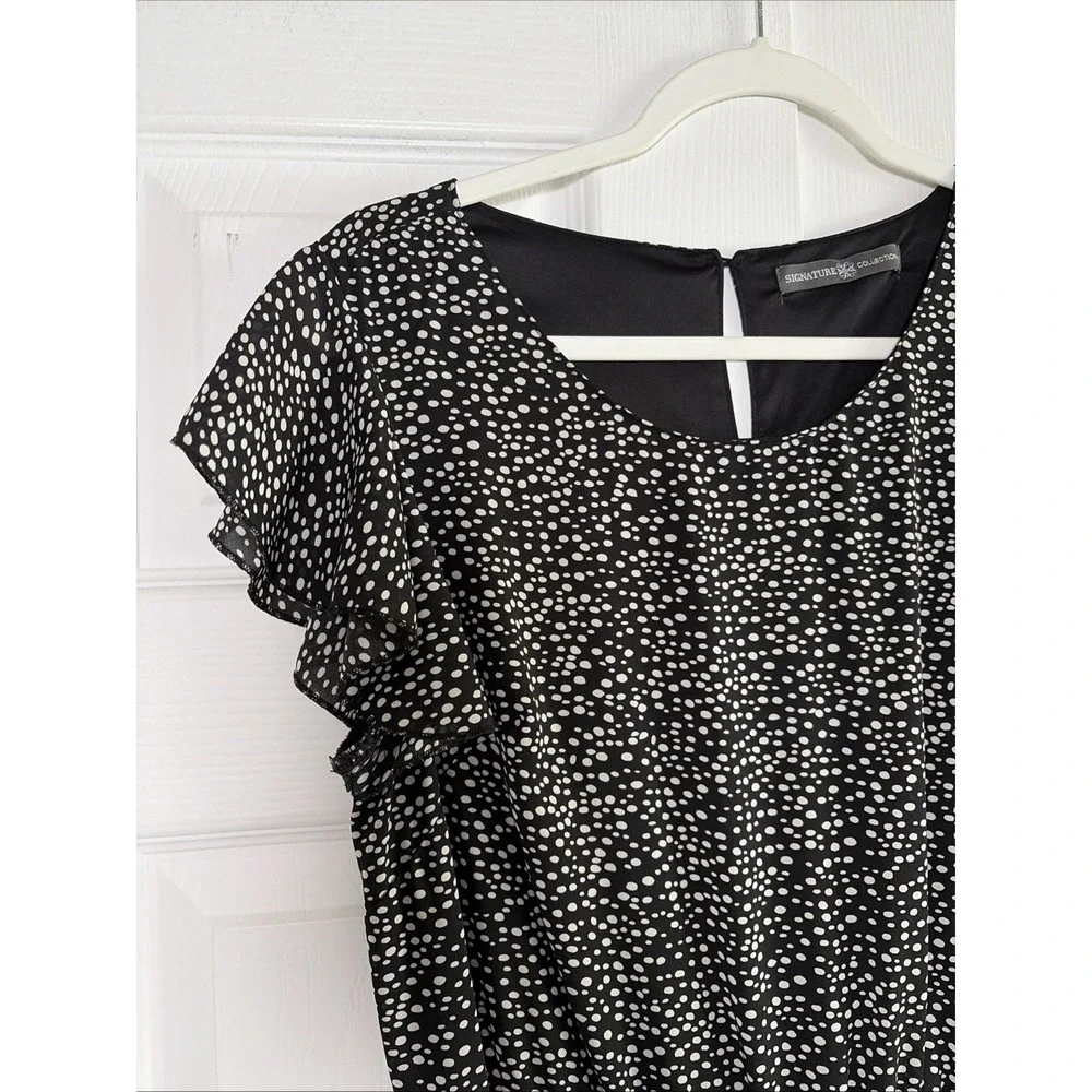 Signature Collection Polka Dot Ruffle Midi Dress Womens Size M 10-12 Black White